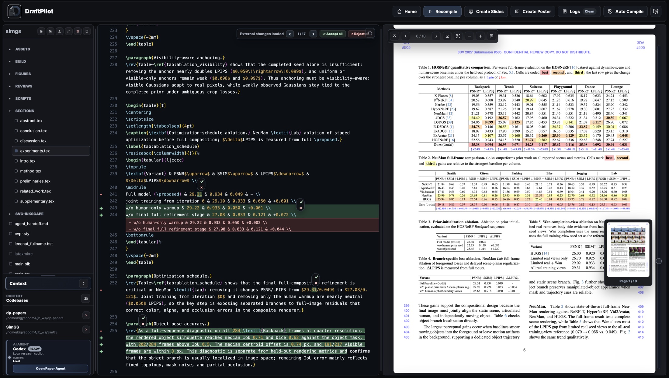 DraftPilot workspace showing LaTeX editing, change review controls, linked codebases, the paper agent, and a PDF preview.
